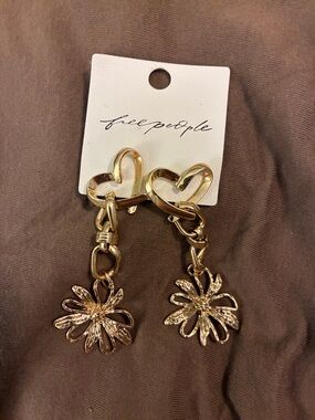 Free People Gold Heart Link Earrings with Floral Drops